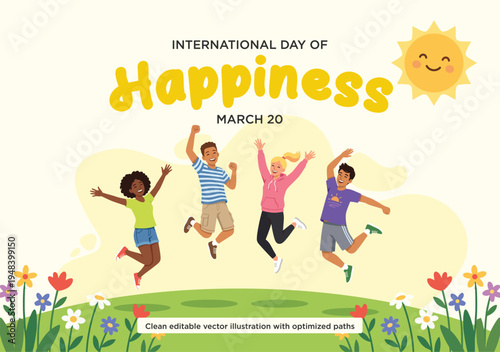 International Day of Happiness Celebration with Diverse Group of Friends Jumping Joyfully in a Meadow