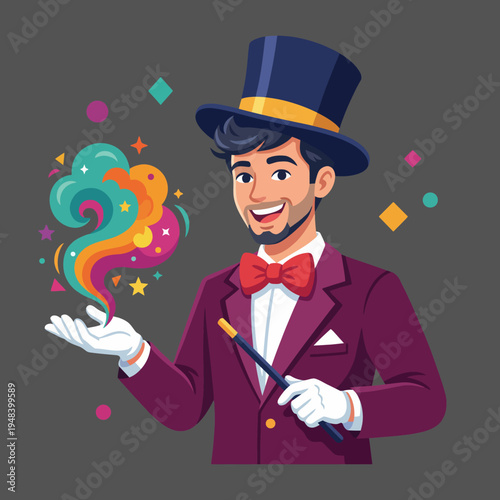 An engaging magician performing with colorful magic effects in a vibrant outfit, creating a sense of wonder and excitement ideal for events or entertainment stock photos.