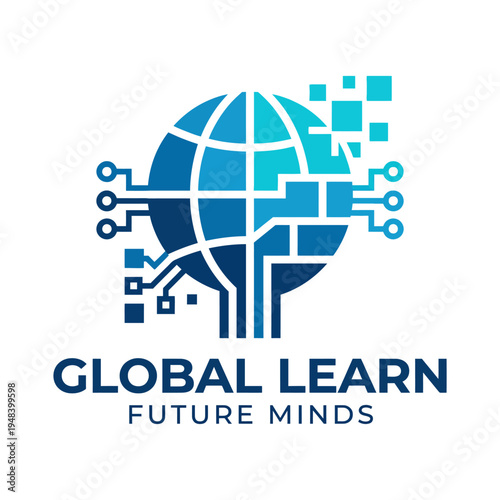 This modern design visually represents global learning, combining a globe with digital elements, symbolizing the connection between education and technology in the future.
