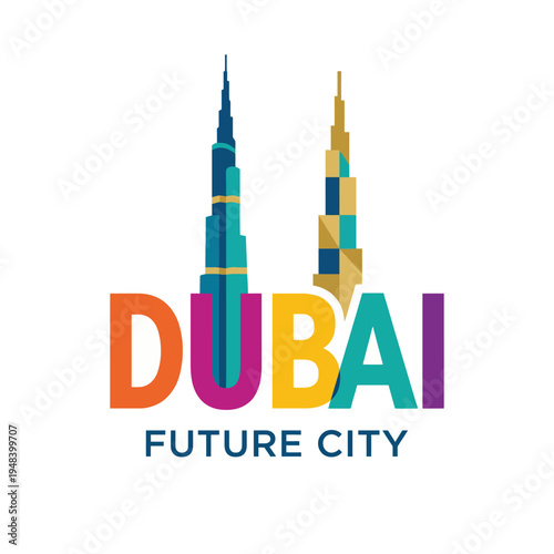 A vibrant artistic representation of Dubai's futuristic skyline, featuring iconic buildings and structures that symbolize innovation, luxury, and urban development in a colorful aesthetic.