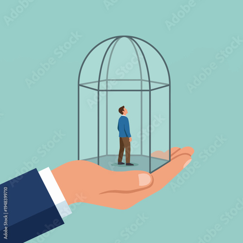 A thought-provoking illustration of a man inside a protective dome held by a larger hand, symbolizing personal space, protection, and the human experience in a conceptual artistic style.
