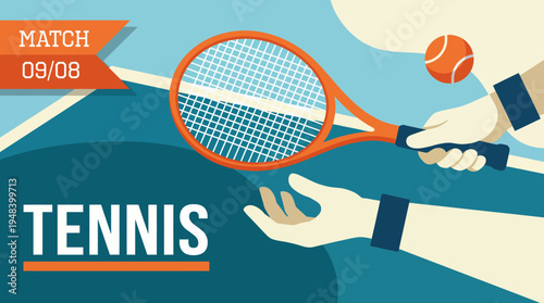 This vibrant illustration captures the excitement of a tennis match, featuring a racket poised to hit a flying tennis ball against a stylish abstract background.