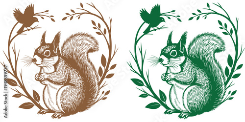 Squirrel vector illustration with bird and leafy branch frame set.