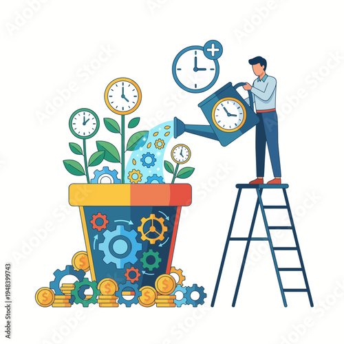 An imaginative illustration of a man watering a colorful potted plant filled with gears symbolizes the nurturing of time and effort for personal growth and development.