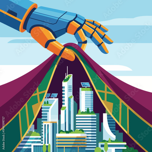 A vibrant, futuristic city beneath a robotic hand, symbolizing innovation and advanced technology guiding urban development in a visually striking manner.