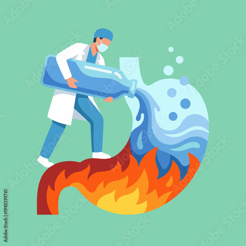 A medical illustration depicting a doctor pouring water into a stomach to relieve discomfort, creatively visualizing health solutions and medical practices in a bright style.