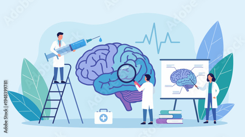 A vibrant illustration of a medical team examining brain health, depicting research, analysis, and the importance of mental wellness and cutting-edge medical solutions.