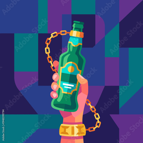 A bold graphic illustration showcases a stylized beverage bottle held in an artistic hand, symbolizing the concept of modern drinking culture and artistic expression.