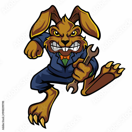 An animated rabbit character in a suit exudes a fierce expression, equipped with a wrench, symbolizing hard work, determination, and unique character in a whimsical style.