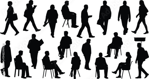 Large collection of black vector silhouettes featuring diverse people walking sitting and standing in professional business casual poses for architectural visualization.