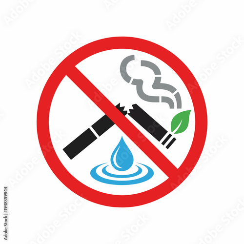 The image depicts a no smoking sign featuring a cigarette, a leaf, and a water droplet, conveying a strong message about health, nature, and pollution prevention.