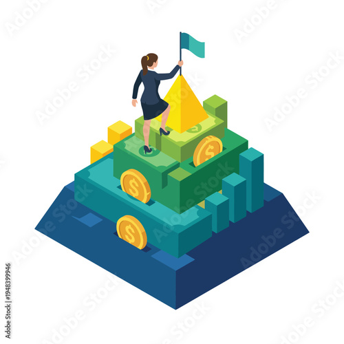 An inspiring illustration showcases a determined woman standing atop a pyramid of coins and graphs, representing financial success, achievement, and goal-setting in a colorful visual.