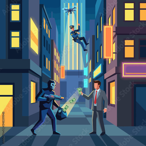An intense urban scene captures a heist in action, featuring a masked robber and a police officer intervening, highlighting themes of crime, justice, and urban life.