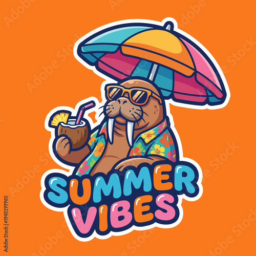 This vibrant image showcases a walrus wearing sunglasses and a floral shirt, enjoying a summer drink under an umbrella, embodying the carefree spirit of summer fun.