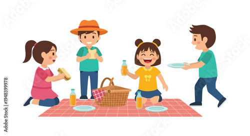 Four cheerful cartoon children are enjoying a picnic, sharing sandwiches and drinks on a red checkered blanket.