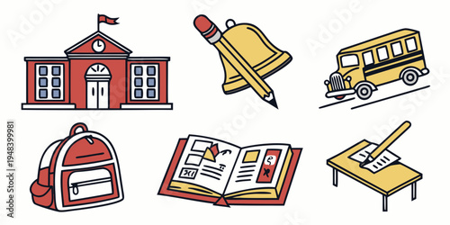 a set of school related icons including a school building and supplies Vector
