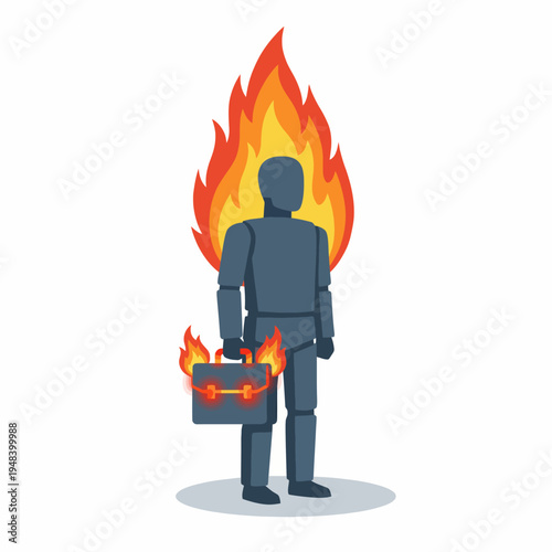 A stylized figure of a businessman is depicted with flames behind him, holding a briefcase also engulfed in fire, representing high-stakes environments or stressful situations.