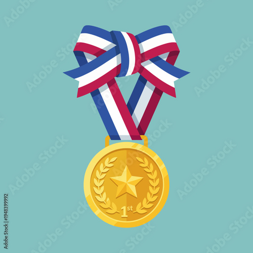 A beautifully designed gold medal hangs from a red, white, and blue ribbon, symbolizing achievement and success in various competitive fields and endeavors.