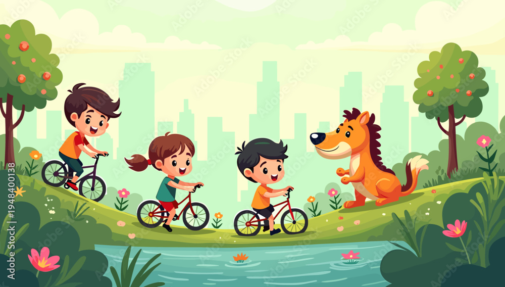 Naklejka premium A cheerful illustration of a boy joyfully riding his bicycle in a vibrant park setting. Ideal for children's content, promoting active lifestyles, or 