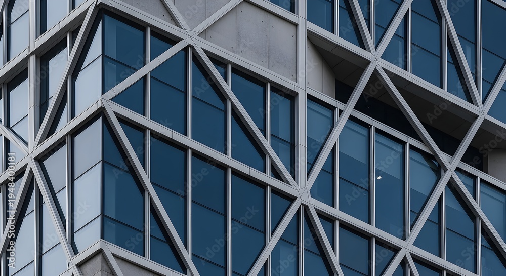 Obraz premium Modern Building Facade With Abstract Geometric Pattern Of Glass Windows And Metal Framework