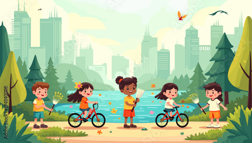 A cheerful illustration of a young boy raking leaves in a lush forest setting. Perfect for representing autumn activities, childhood, and outdoor life