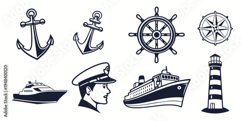 nautical icons including anchors and ships Vector