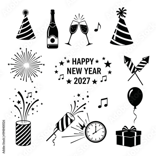 New year s eve celebration with party hats champagne and fireworks