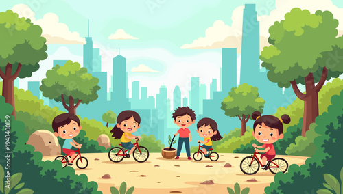 This cheerful illustration depicts a young boy joyfully riding his bicycle through a lush park, creating a sense of carefree happiness. Perfect for ch