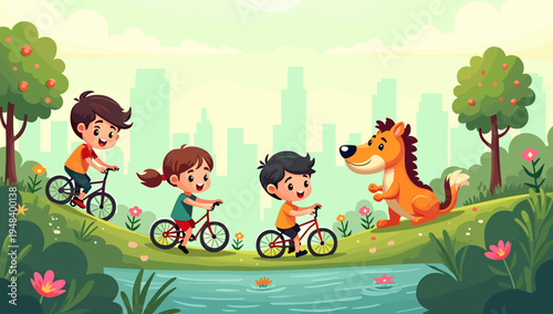 A cheerful illustration of a boy joyfully riding his bicycle in a vibrant park setting. Ideal for children's content, promoting active lifestyles, or 