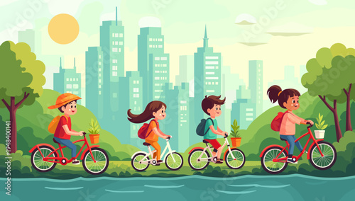 A cheerful illustration of a young boy biking through a green park. Ideal for depicting healthy lifestyles, childhood memories, or outdoor activities 