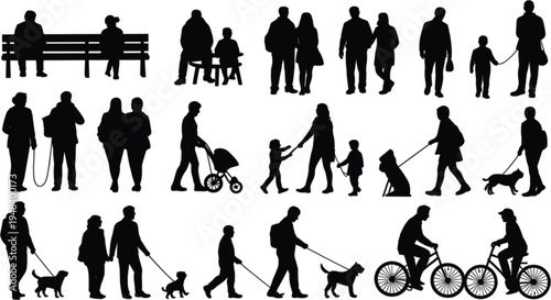 Large collection of black vector silhouettes featuring people walking dogs cycling sitting on benches and pushing strollers for park landscape design.