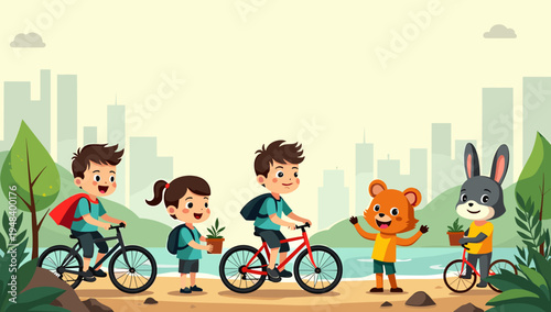 A cheerful illustration of a young boy biking, evoking a sense of freedom and healthy living. Ideal for educational materials, back-to-school promotio