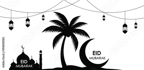 Palm tree and mosque silhouette in desert landscape for eid mubarak bannerPalm tree and mosque silhouette in desert landscape for eid mubarak banner