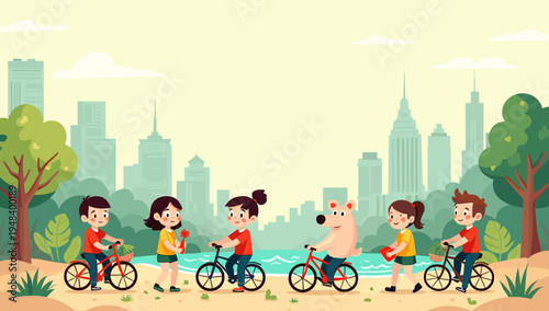 A cheerful illustration of a young boy biking with a basket of flowers. Ideal for concepts of springtime, childhood joy, and healthy outdoor activitie