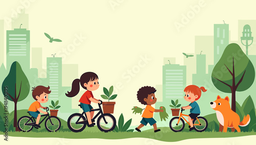 A cheerful illustration of a young boy biking through a park with a potted plant. Perfect for concepts of growth, healthy living, and environmental aw