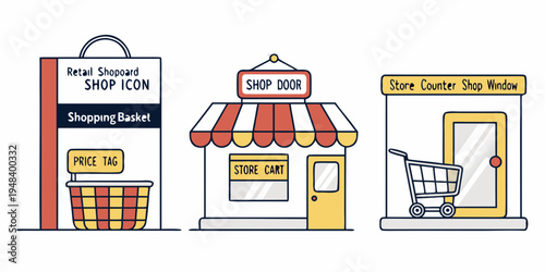 a set of colorful storefronts with shopping cart Vector