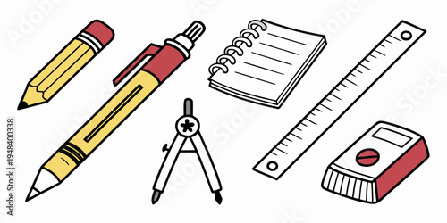 a collection of school supplies including a pencil and ruler Vector
