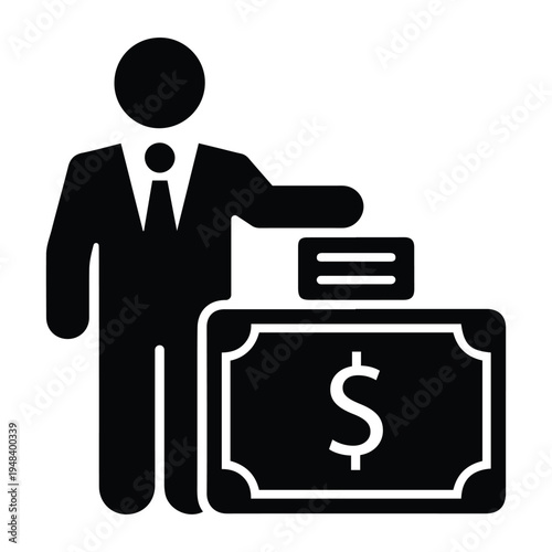 Businessman depositing money into a cash box, finance investment icon