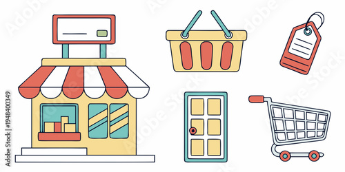 a set of shopping icons including store and shopping cart Vector