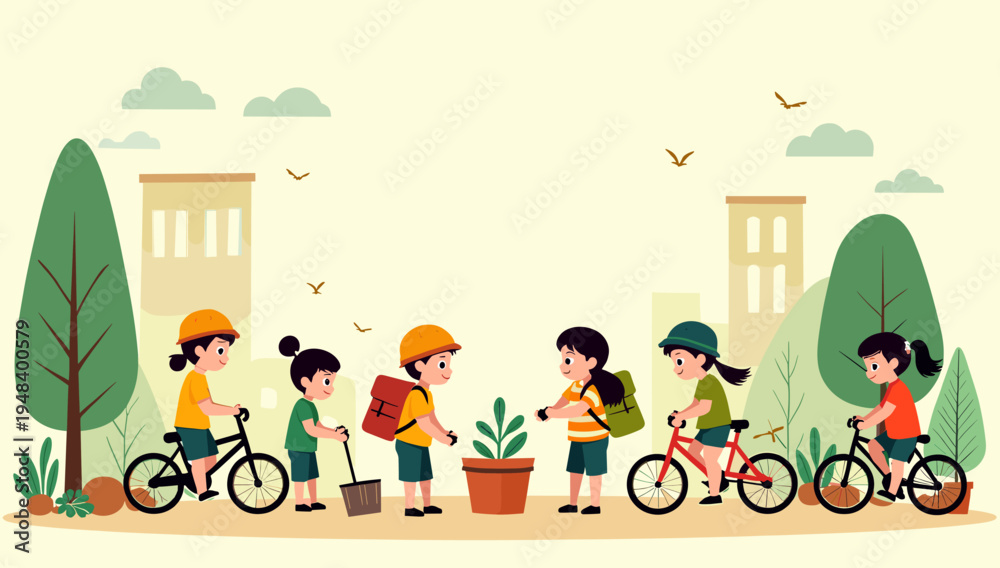 Fototapeta premium A cheerful illustration of a child enjoying a bike ride. Perfect for content related to healthy lifestyles, outdoor activities, or childhood memories.