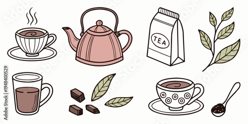 a collection of tea related items and ingredients Vector