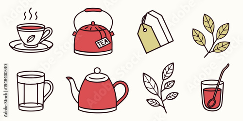 a collection of tea related items and leaves Vector