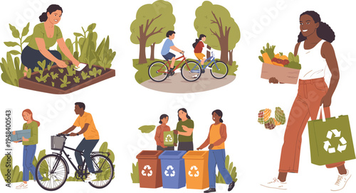 People engaging in eco-friendly activities like recycling and gardening in a park