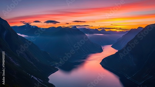 A serene mountain landscape with a calm lake at sunset