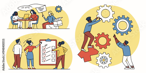 people working together with gears and a checklist Vector