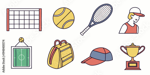 collection of tennis equipment and accessories Vector