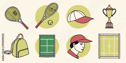 Tennis player accessories and equipment icons Vector