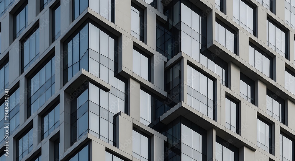 Obraz premium Modern Building Facade Featuring Geometric Glass Windows And Abstract Contemporary Architecture Detail