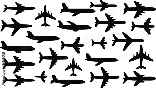 Large set of airplane silhouettes featuring commercial passenger jets and cargo planes in diverse flight positions for global aviation logistics design.