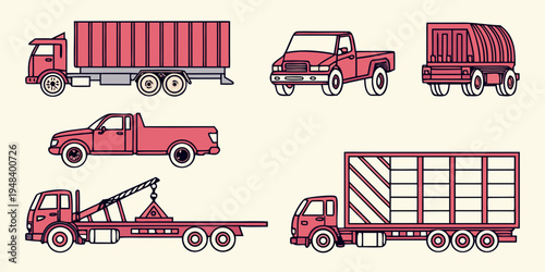 a set of red trucks and truck trailers Vector